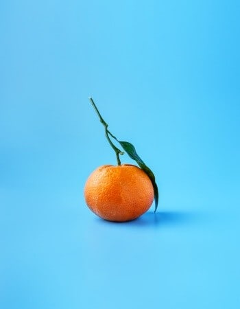 mandarin orange on blue background coffee cup on cyan background