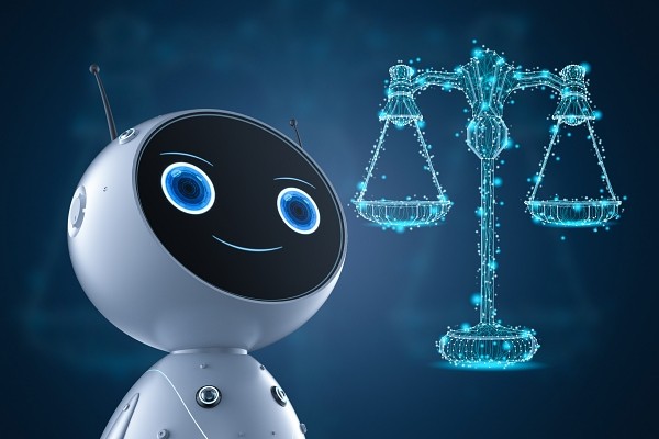 Cyber law or internet law concept with 3d rendering ai robot with law scale