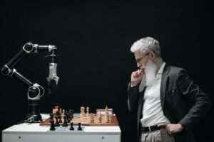 AI challenges human to a chess game.